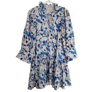 White Blue Floral Ruffle Neck Tie Front Tiered Drop Waist Mini Dress Peplum‎ Sm